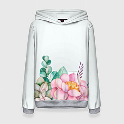 Толстовка-худи женская Цветы нарисованные акварелью - снизу, цвет: 3D-меланж