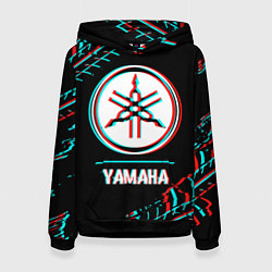 Толстовка-худи женская Значок Yamaha в стиле glitch на темном фоне, цвет: 3D-черный