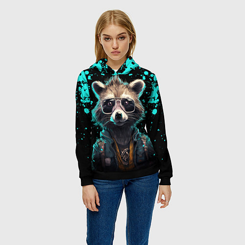 Женская толстовка Енот в стиле киберпанк / 3D-Черный – фото 3