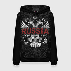 Толстовка-худи женская Герб России с надписью Russia, цвет: 3D-черный