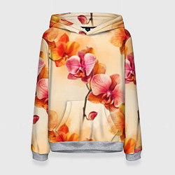 Толстовка-худи женская Акварельные цветы - персиковый паттерн, цвет: 3D-меланж