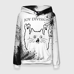 Толстовка-худи женская Joy Division рок кот на светлом фоне, цвет: 3D-белый