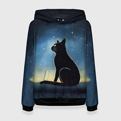 Толстовка-худи женская Черный кот и звезды - акварель, цвет: 3D-черный