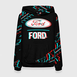 Толстовка-худи женская Значок Ford в стиле glitch на темном фоне, цвет: 3D-черный