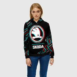 Толстовка-худи женская Значок Skoda в стиле glitch на темном фоне, цвет: 3D-черный — фото 2