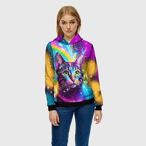 Женская толстовка Полосатый кот с разноцветной звездной туманностью / 3D-Черный – фото 3