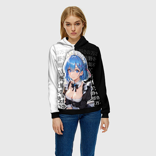 Женская толстовка Рем - re zero - иероглифы / 3D-Черный – фото 3