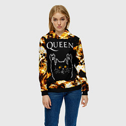 Толстовка-худи женская Queen рок кот и огонь, цвет: 3D-черный — фото 2