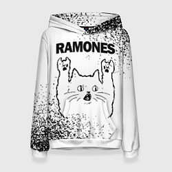 Толстовка-худи женская Ramones рок кот на светлом фоне, цвет: 3D-белый