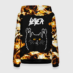 Толстовка-худи женская Slayer рок кот и огонь, цвет: 3D-черный