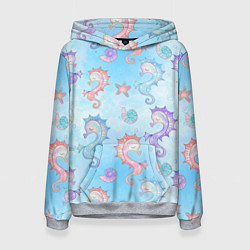 Толстовка-худи женская Морские коньки - паттерн, цвет: 3D-меланж