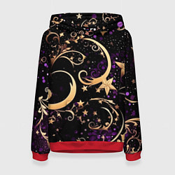 Толстовка-худи женская Чёрный паттерн со звёздами и лунами, цвет: 3D-красный