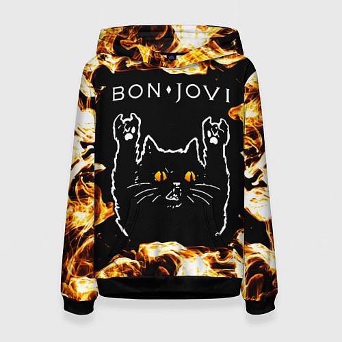 Женская толстовка Bon Jovi рок кот и огонь / 3D-Черный – фото 1