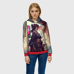 Толстовка-худи женская Кибер самурай девушка, цвет: 3D-красный — фото 2