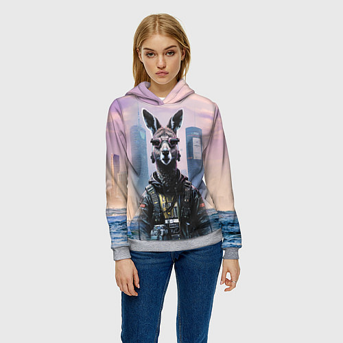 Женская толстовка Кенгуру в стиле киберпанк на фоне мегаполиса / 3D-Меланж – фото 3