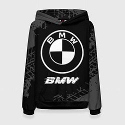 Толстовка-худи женская BMW speed на темном фоне со следами шин, цвет: 3D-черный