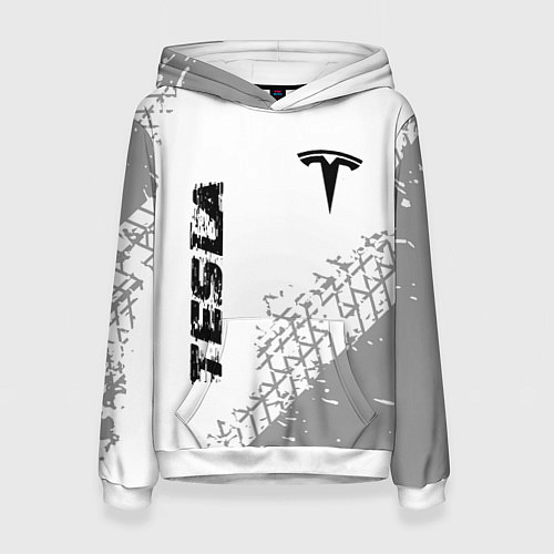 Женская толстовка Tesla speed на светлом фоне со следами шин: надпис / 3D-Белый – фото 1