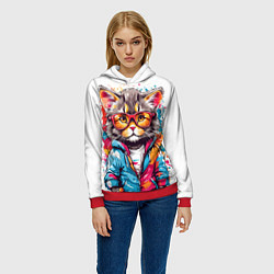 Толстовка-худи женская Котик в очках - брызги красок, цвет: 3D-красный — фото 2
