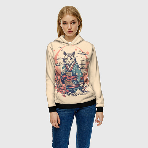 Женская толстовка Кот-самурай / 3D-Черный – фото 3