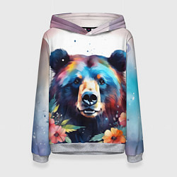 Толстовка-худи женская Портрет медведя гризли с цветами акварелью, цвет: 3D-меланж