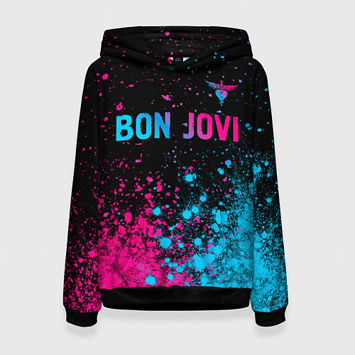 Женская толстовка Bon Jovi - neon gradient: символ сверху / 3D-Черный – фото 1