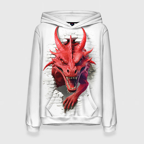 Женская толстовка Красный дракон выглядывает из стены / 3D-Белый – фото 1