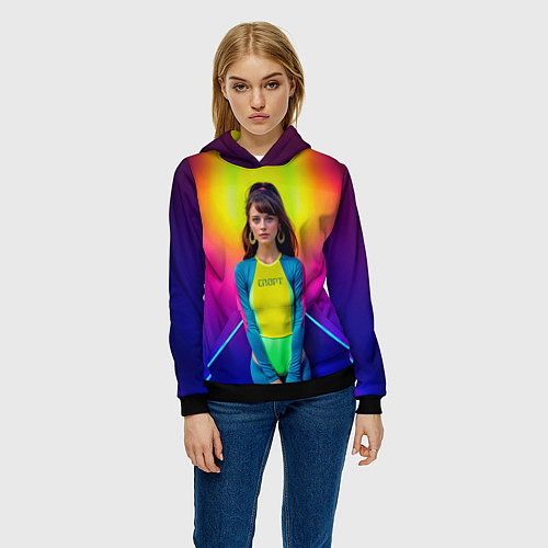 Женская толстовка Девушка гимнастка в неоновом зале / 3D-Черный – фото 3