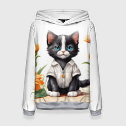 Толстовка-худи женская Котенок на цветочной поляне, цвет: 3D-меланж