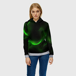 Толстовка-худи женская Зеленая абстракция на черном фоне, цвет: 3D-меланж — фото 2