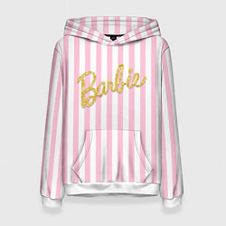 Толстовка-худи женская Barbie - золотая надпись и бело-розовые полосы, цвет: 3D-белый