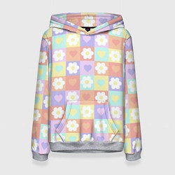 Толстовка-худи женская Сердечки и цветочки в пастельных квадратах, цвет: 3D-меланж