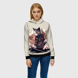 Толстовка-худи женская Боевой котенок ниндзя - японская сакура, цвет: 3D-черный — фото 2