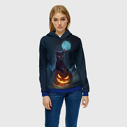 Толстовка-худи женская Кот с тыквой - хэллоуин, цвет: 3D-синий — фото 2