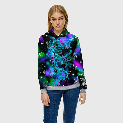 Женская толстовка Неоновый дракон в снежинках / 3D-Меланж – фото 3