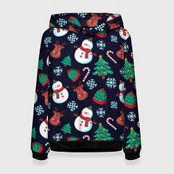 Толстовка-худи женская Снеговички с рождественскими оленями и елками, цвет: 3D-черный