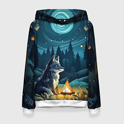 Толстовка-худи женская Волк у костра в стиле фолк-арт, цвет: 3D-белый