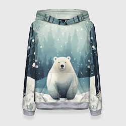 Толстовка-худи женская Мишка в зимнем лесу в стиле фолк-арт, цвет: 3D-меланж