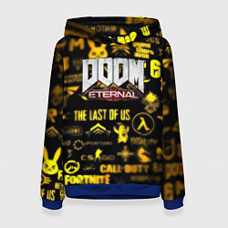 Толстовка-худи женская Doom золотые логотипы игр, цвет: 3D-синий
