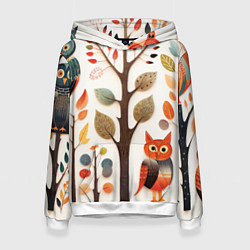 Толстовка-худи женская Совы в осеннем лесу в стиле фолк-арт, цвет: 3D-белый
