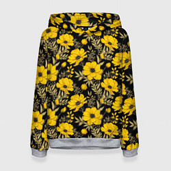 Толстовка-худи женская Желтые цветы на черном фоне паттерн, цвет: 3D-меланж
