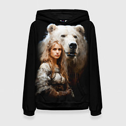 Толстовка-худи женская Славянка с большим белым медведем, цвет: 3D-черный