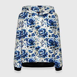 Толстовка-худи женская Гжель узор паттерн, цвет: 3D-черный