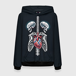 Толстовка-худи женская Два сросшихся скелета и сердце, цвет: 3D-черный