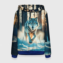 Толстовка-худи женская Волк в темном лесу, цвет: 3D-синий