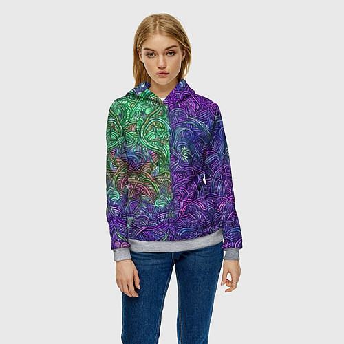Женская толстовка Вьющийся узор фиолетовый и зелёный / 3D-Меланж – фото 3