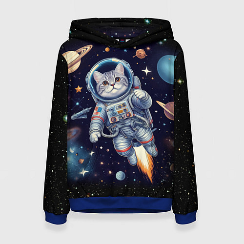 Женская толстовка Крутой котик в открытом космосе - нейросеть / 3D-Синий – фото 1