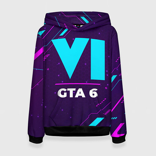 Женская толстовка Символ GTA 6 в неоновых цветах на темном фоне / 3D-Черный – фото 1