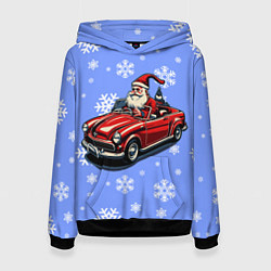 Толстовка-худи женская Дед Мороз едет на машине, цвет: 3D-черный