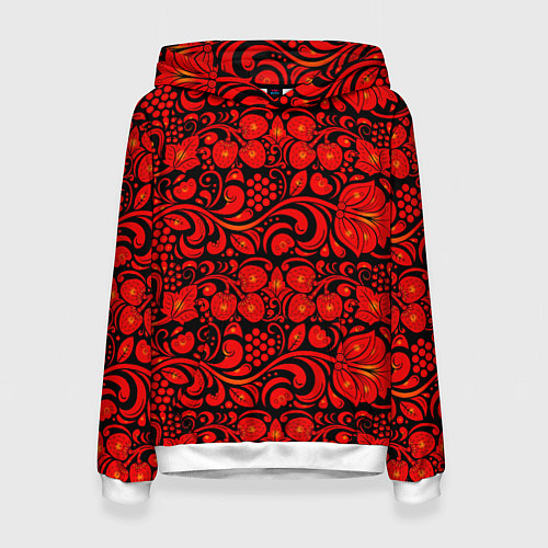 Женская толстовка Хохломская роспись красные цветы и ягоды на чёрном / 3D-Белый – фото 1