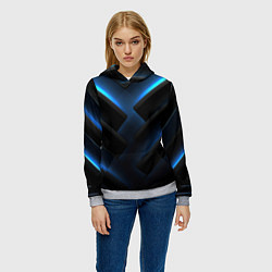 Толстовка-худи женская Черный абстрактный фон и синие неоновые вставки, цвет: 3D-меланж — фото 2